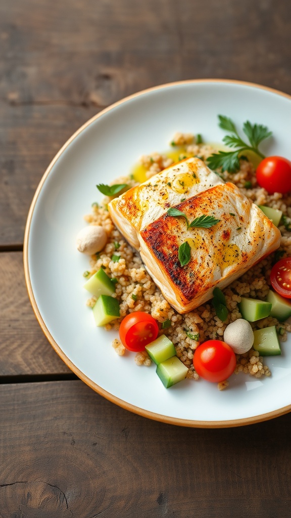 Crispy skin salmon on quinoa salad with cucumbers and tomatoes on a rustic table.